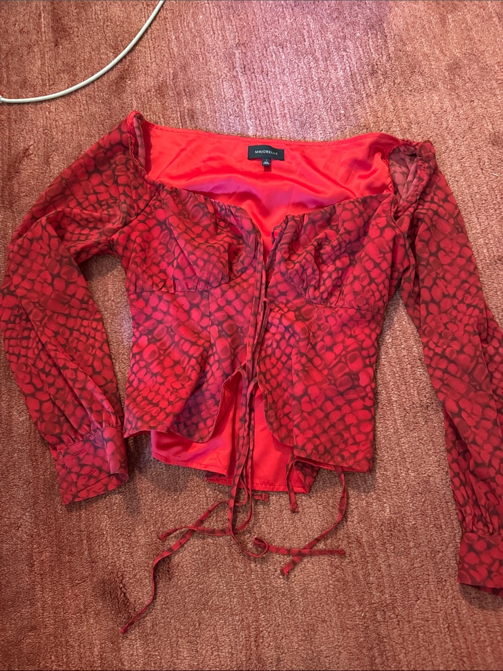 MAJORELLE Red Patterned Off-Shoulder Lace-Up Blouse